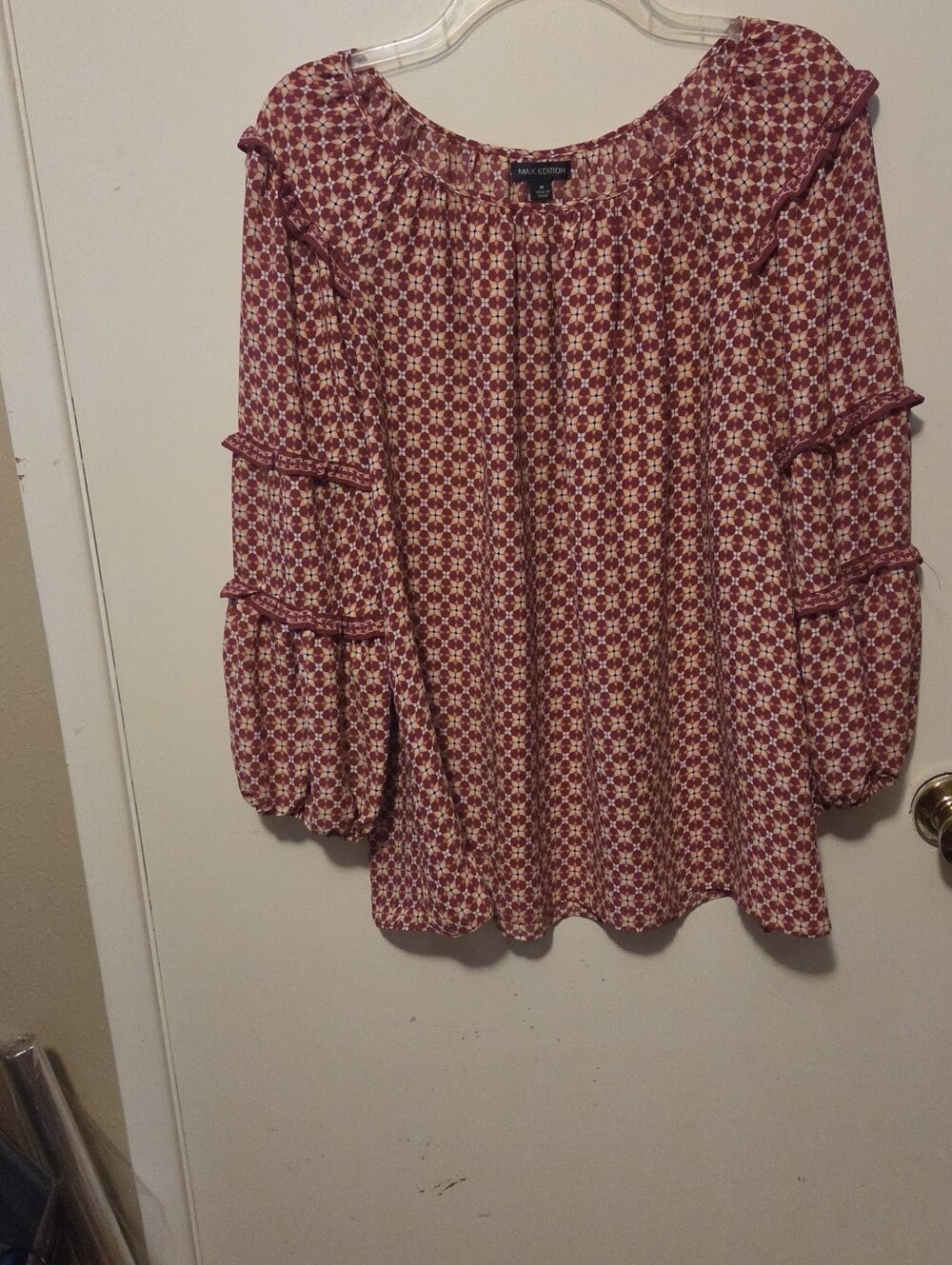 Max Edition Red Patterned Ruffle-Sleeve Peasant Top